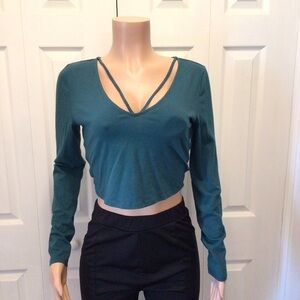 Charlotte Russe Womens Teal Strappy Long Sleeve Cropped Top Size Large